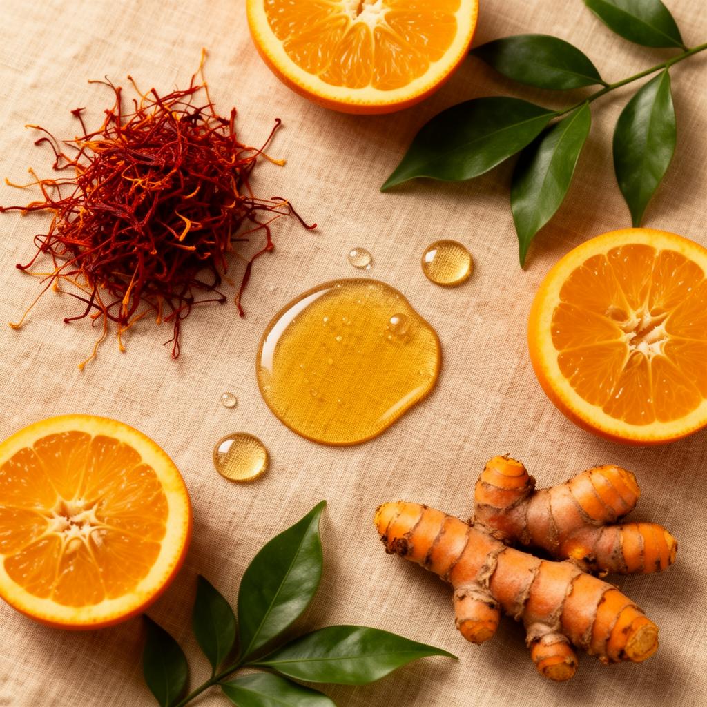 Natuurlijke ingrediënten - saffraan, sinaasappel, kurkuma